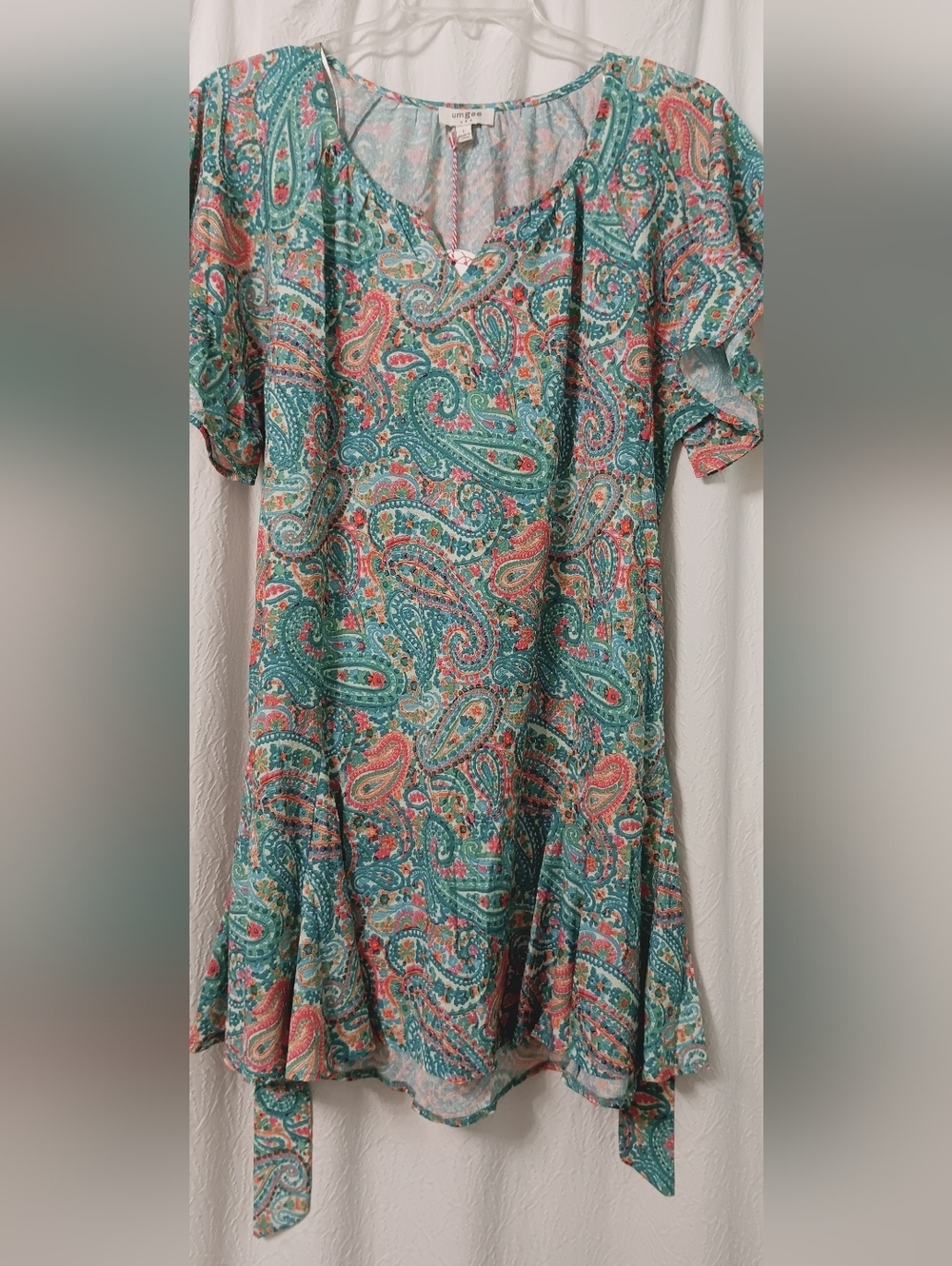 NWT Umgee Boho Paisley Short Sleeve Tunic Top - Teal & Coral Size L